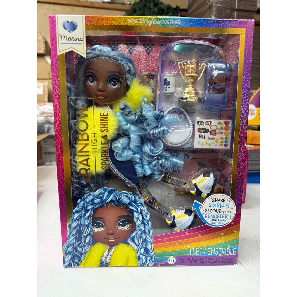 Rainbow High Sparkle & Shine Marina Doll Blue Hair Yellow Fur Jacket MGA 427797